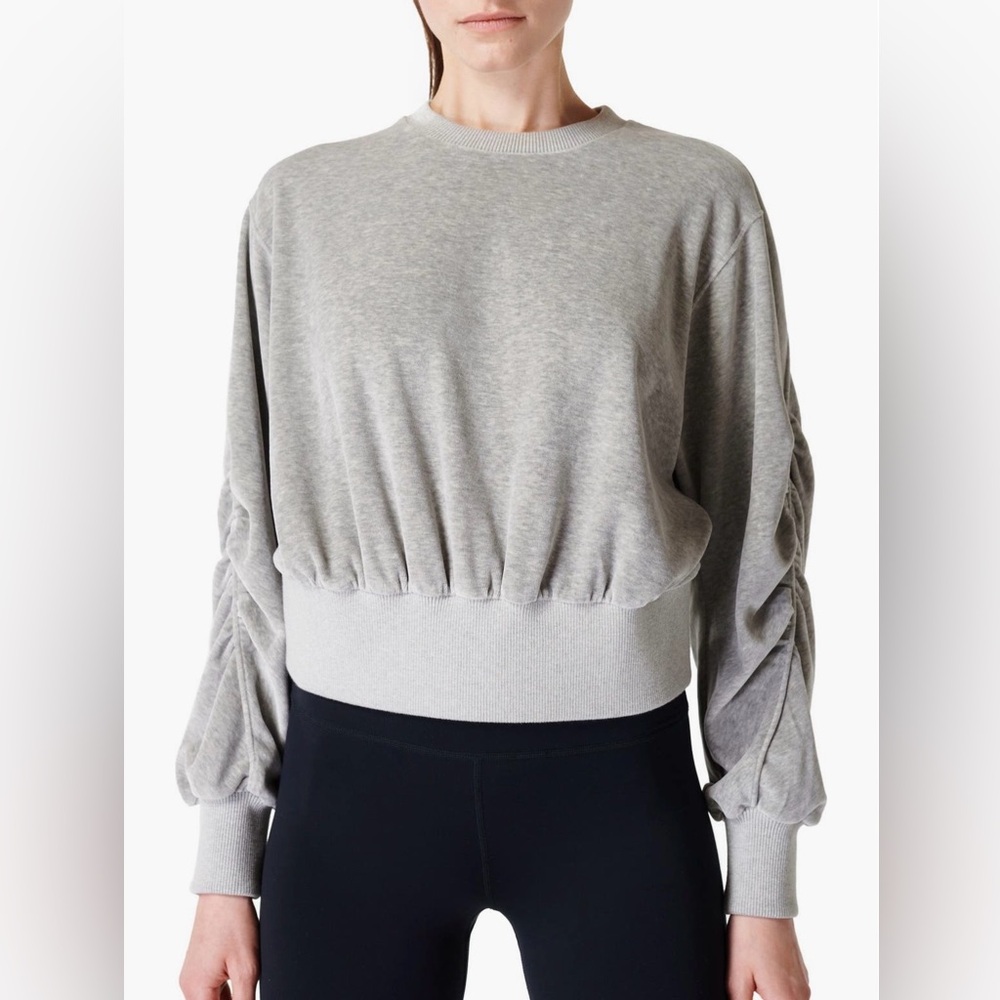 Sweaty Betty Retake Velour Sweatshirt Gray Ruched Sleeve